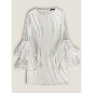INA White Dress Small Sheer Tulle Ruffle Tiered Bell Long Sleeve Cocktail Mini